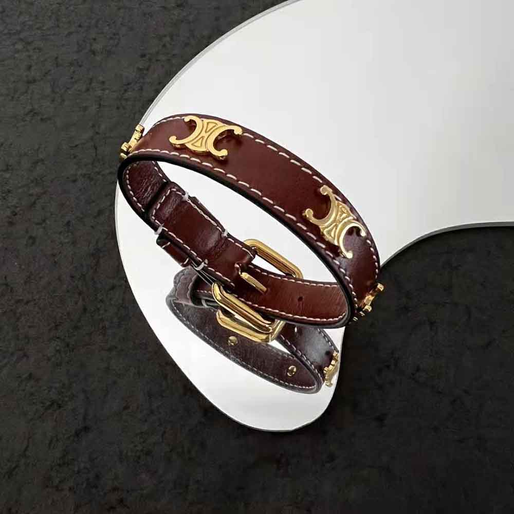 VÒNG TAY Celine Women Triomphe Multi Leather Bracelet in Brass with Gold Finish and Smooth Calfskin-BROWN