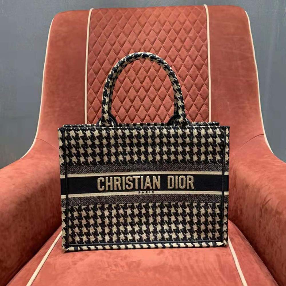 TÚI Dior Women Small Dior Book Tote Black Houndstooth Embroidery