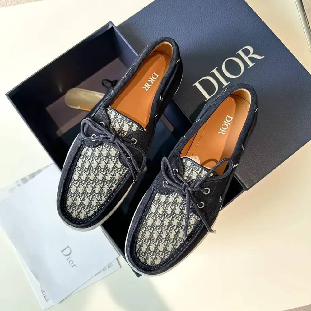 GIÀY DIOR Granville Boat Shoe Navy Blue Suede with Beige and Black Dior Oblique Jacquard