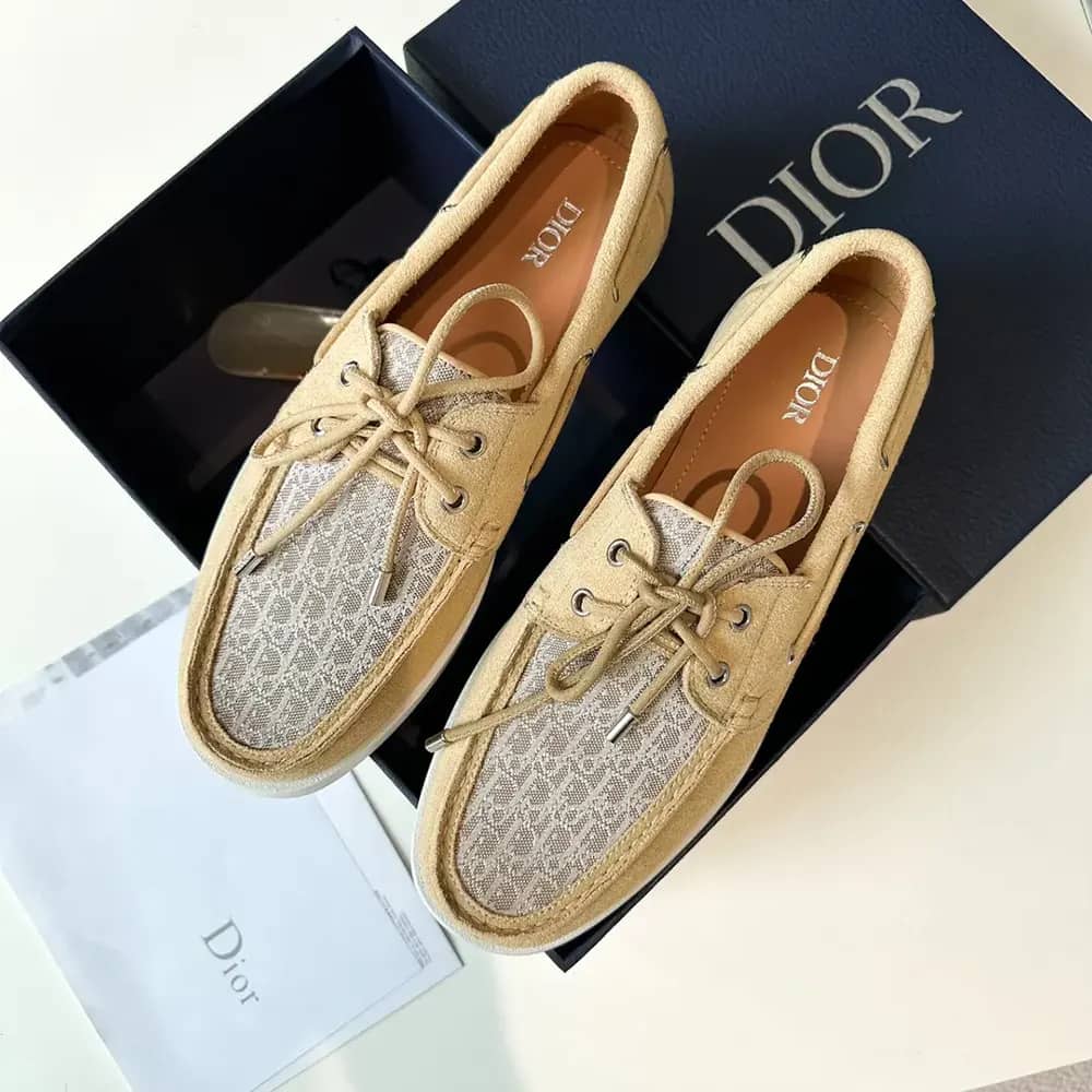 GIÀY DIOR Granville Boat Shoe Beige Suede and Beige Dior Oblique Jacquard