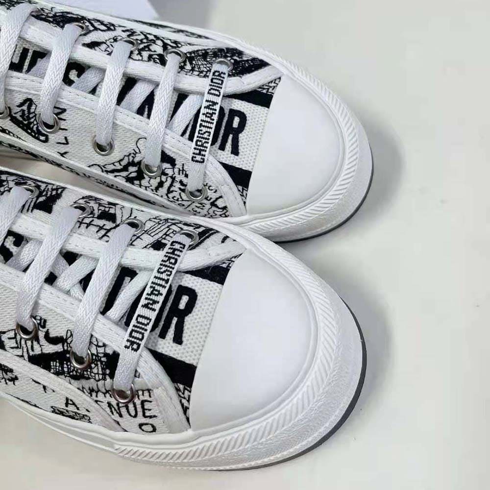 GIÀY Dior Women Walk’N’Dior Platform Sneaker White and Black Cotton Embroidered with Plan De Paris Motif