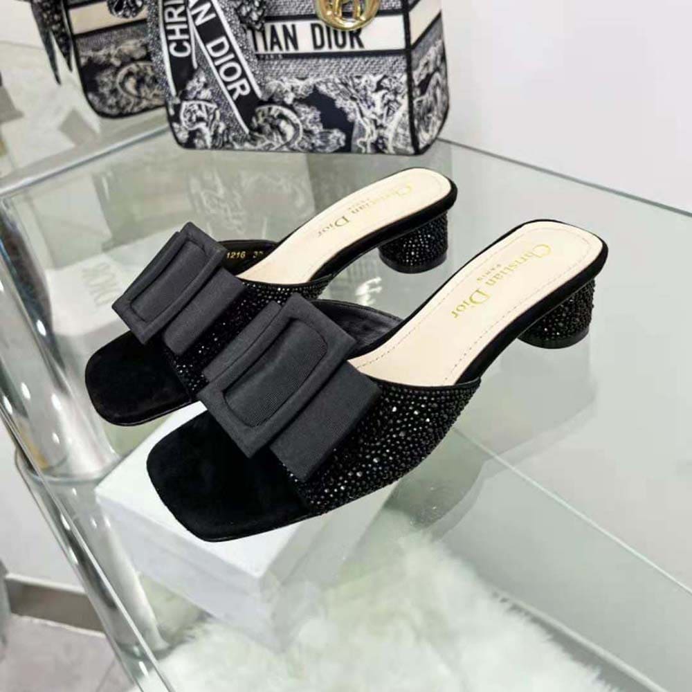 GUỐC Dior Women Idylle Heeled Slide Black Suede Covered with Strass and Grosgrain