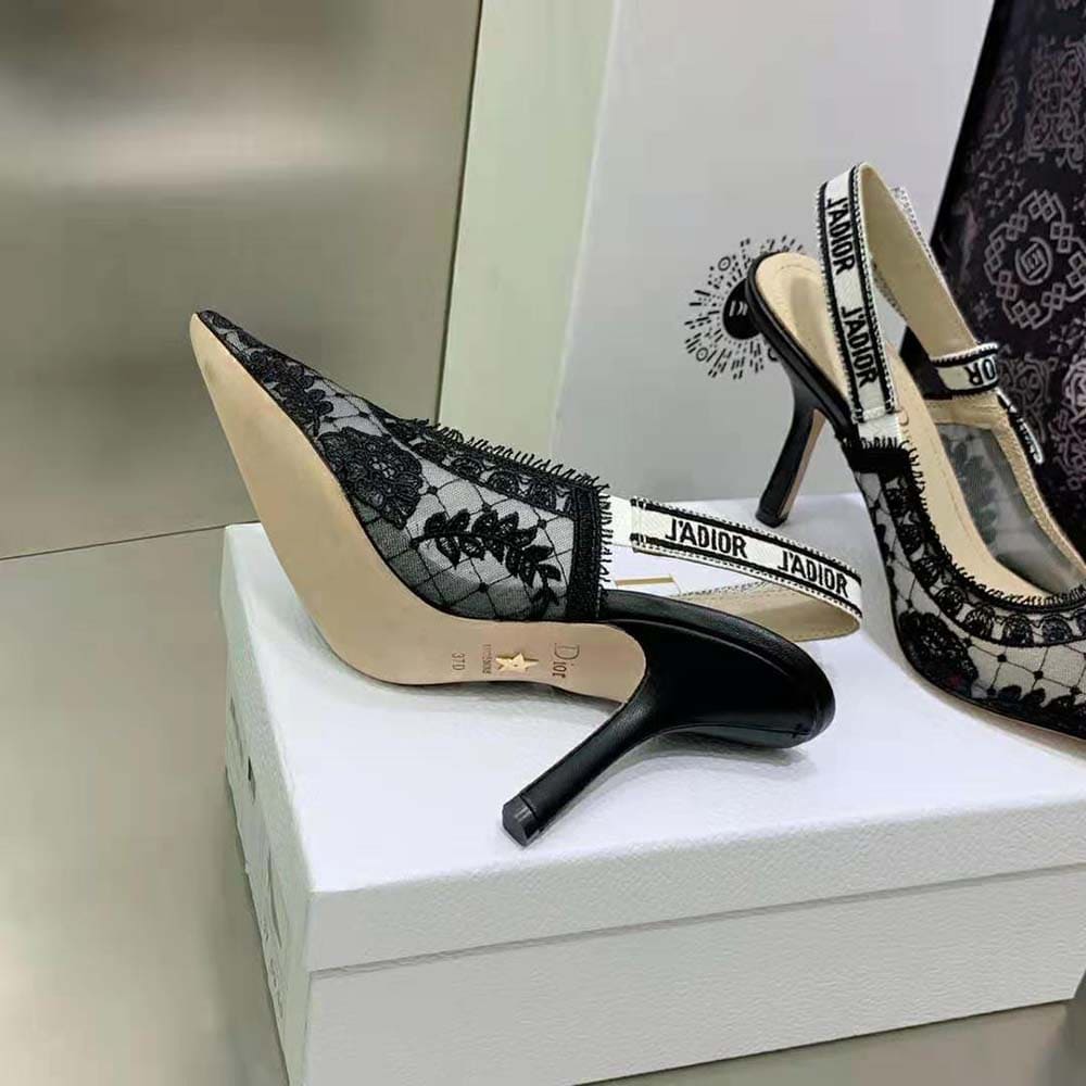 GIÀY Dior Women J’Adior Slingback Pump Black Transparent Mesh Embroidered with Dior Roses Motif