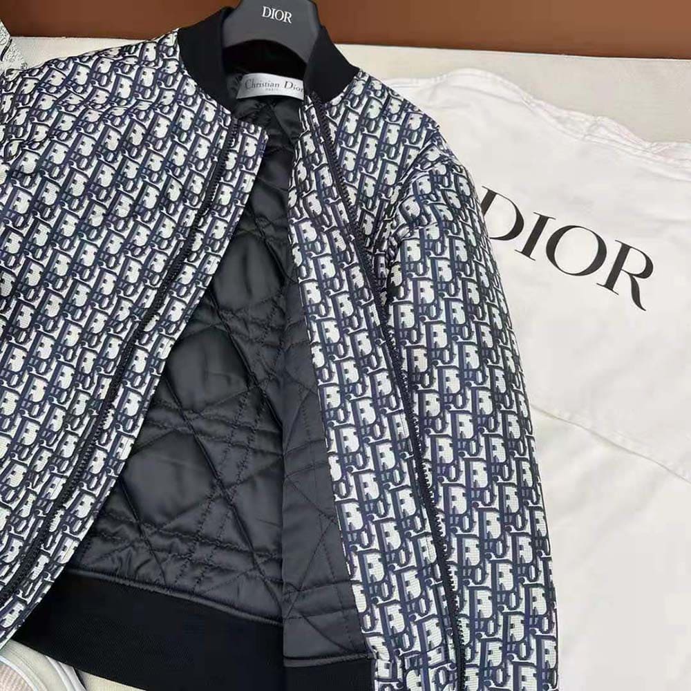 ÁO Dior Women Bomber Jacket with Criss Cross Collar Blue and Ecru Technical Taffeta Jacquard