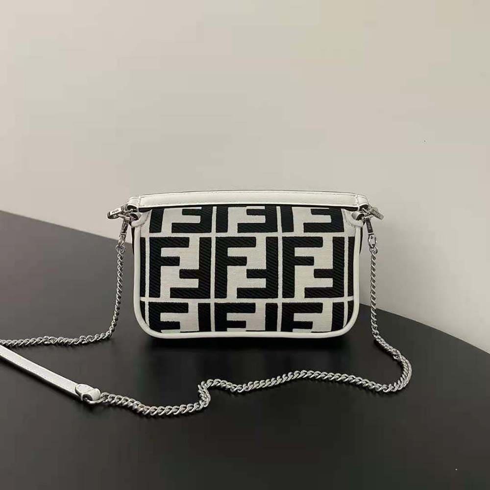 TÚI FENDI Women Baguette Mini White and Black Canvas Bag with FF Embroidery