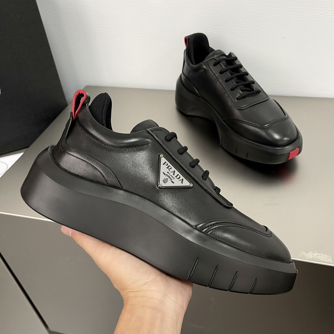 GIÀY PRADA Leather and Re-Nylon Sneakers Black