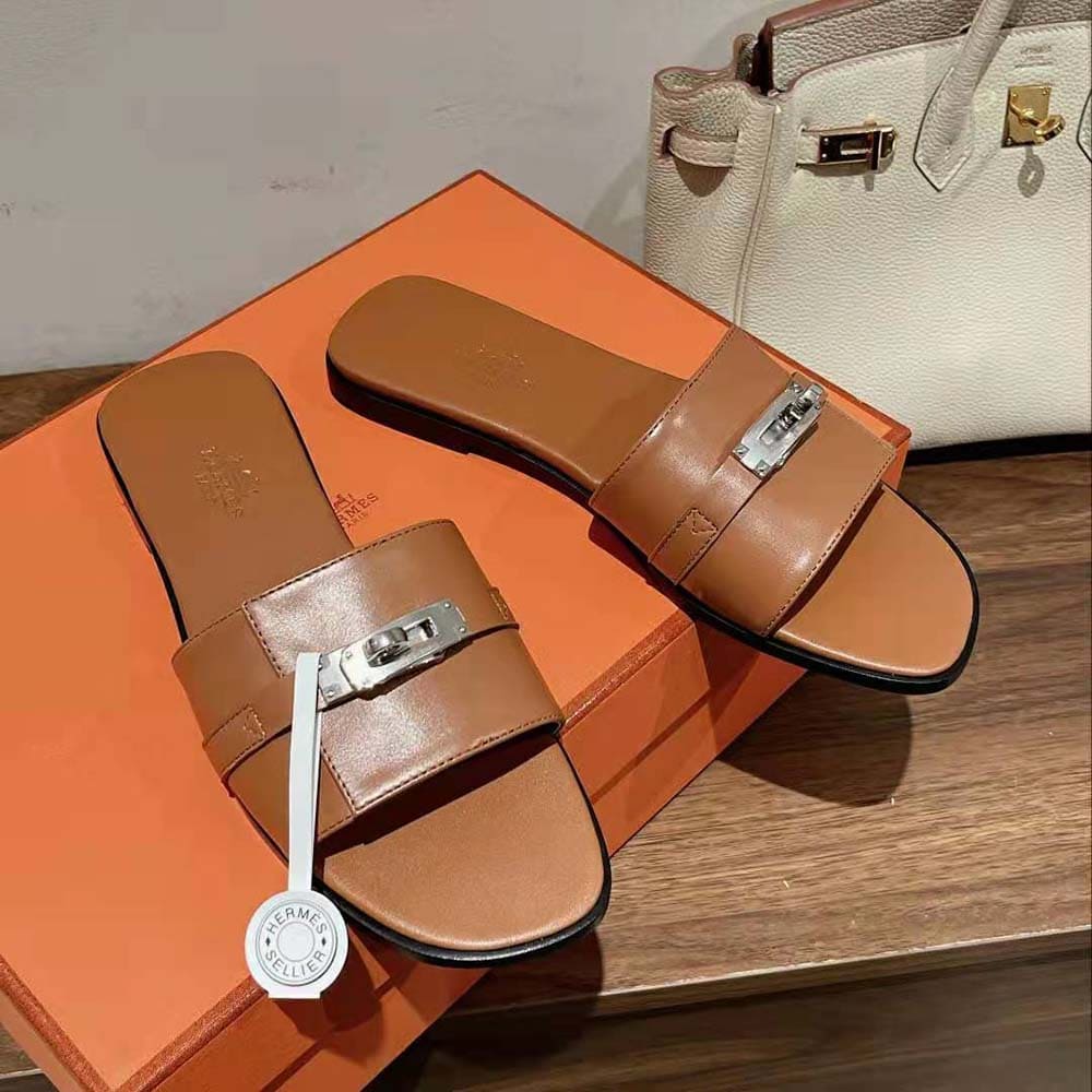 DÉP Hermes Women Giulia Sandal in Calfskin with Iconic Palladium-Plated Kelly Buckle-Brown