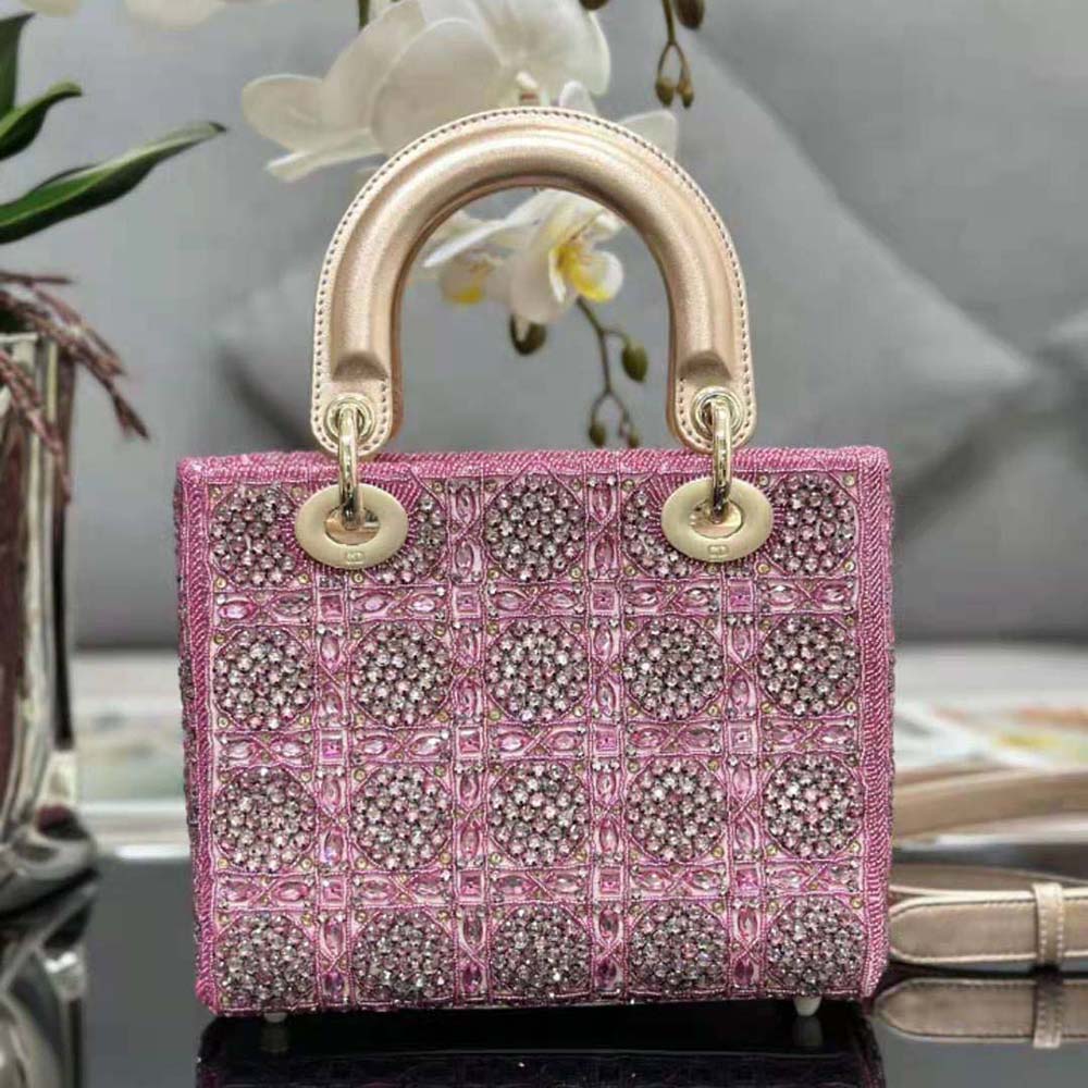 TÚI Dior Women Small Lady Dior Bag Metallic Calfskin and Satin with Rose Des Vents Resin Pearl Embroidery