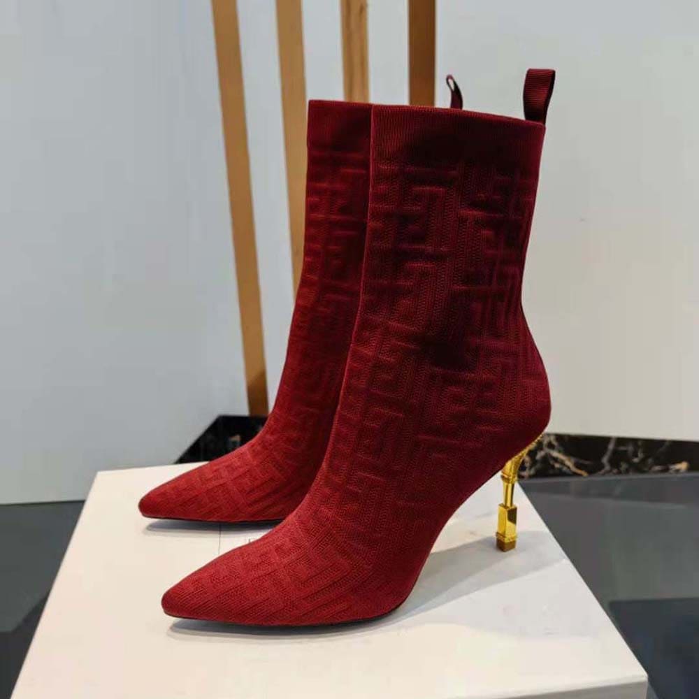 GIÀY Balmain Women Moneta Monogrammed Knit Ankle Boots with Engraved Heel-Red