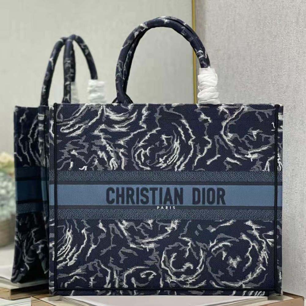 TÚI Dior Women Large Dior Book Tote Blue Dior Roses Embroidery