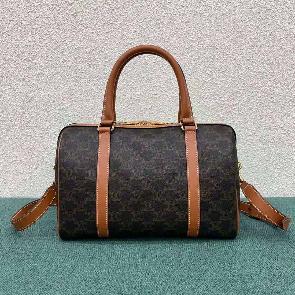 TÚI Celine Women Boston Bag in Triomphe Canvas-Brown