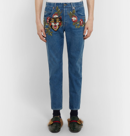 QUẦN JEANS GUCCI Slim-Fit Embroidered Denim Jeans