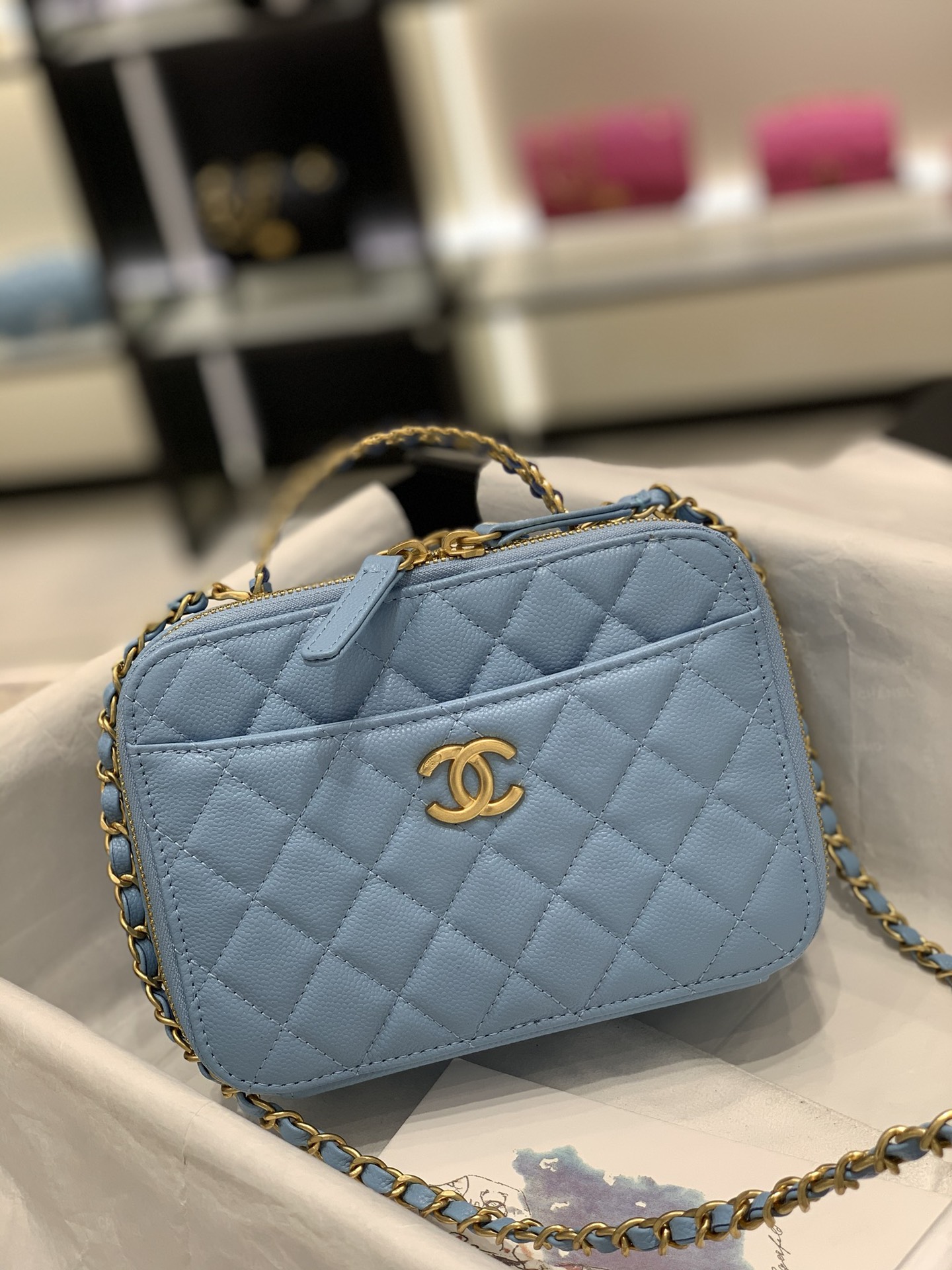 TÚI CHANEL 22S Handle Blue xanh gold logo da HAAS