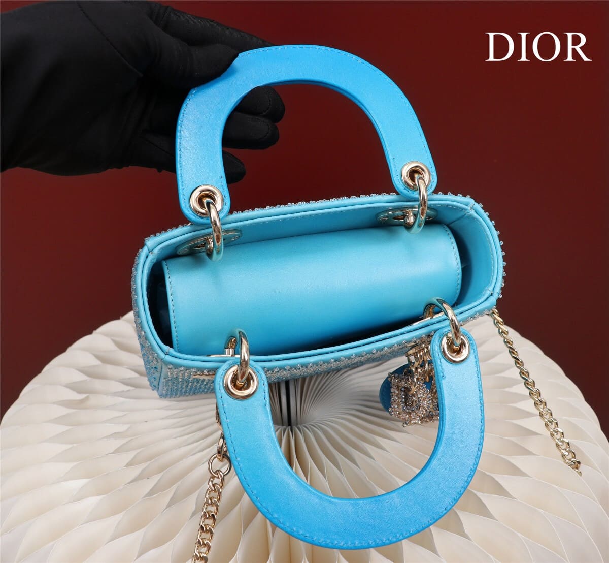 TÚI CHRISTIAN DIOR LADY DIOR Cannage Calfskin with Platinum Beaded Embroidery Blue