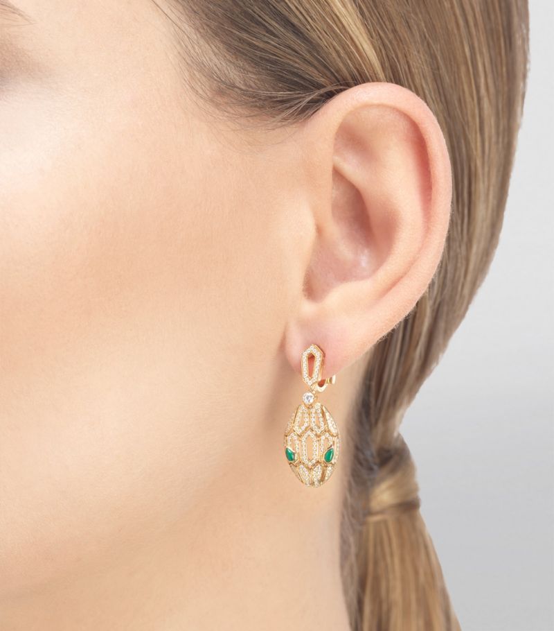 Bông tai BVLGARI Yellow Gold, Diamond And Malachite Serpenti Earrings vàng vàng 18K
