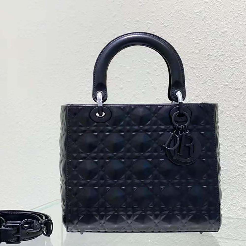 TÚI Dior Women Medium Lady Dior Bag Black Cannage Calfskin with Diamond Motif
