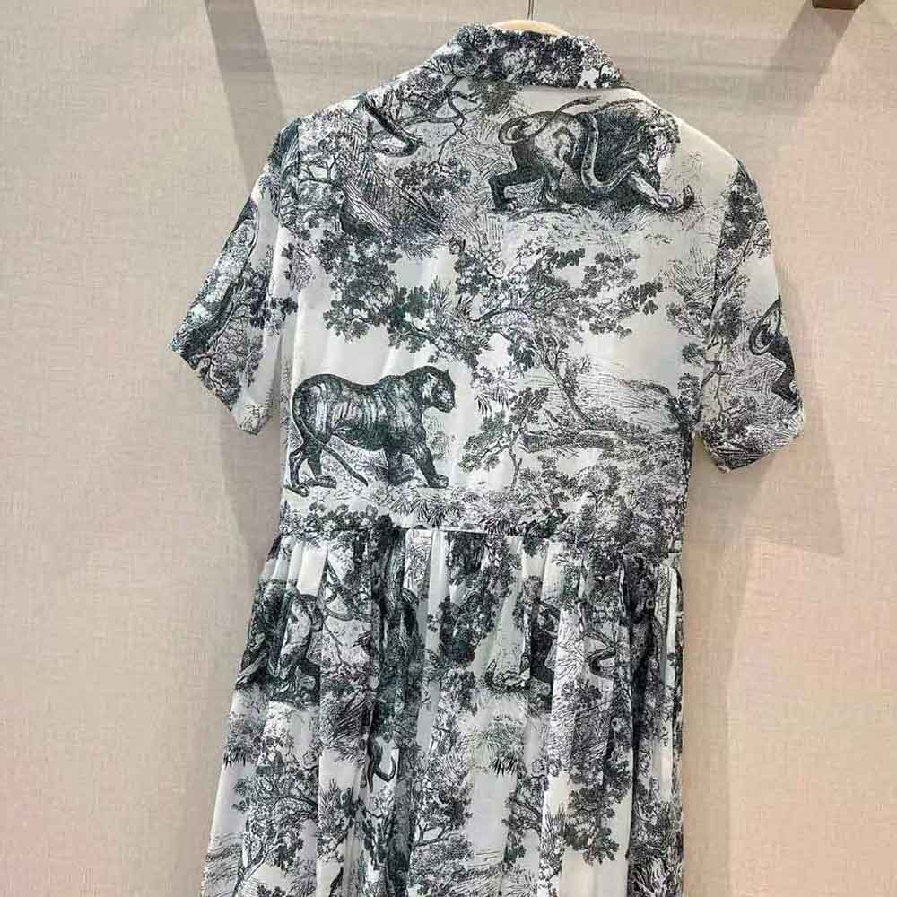 VÁY CHRISTIAN DIOR Mid-Length Shirt Dress White and Navy Blue Toile de Jouy Cotton Voile