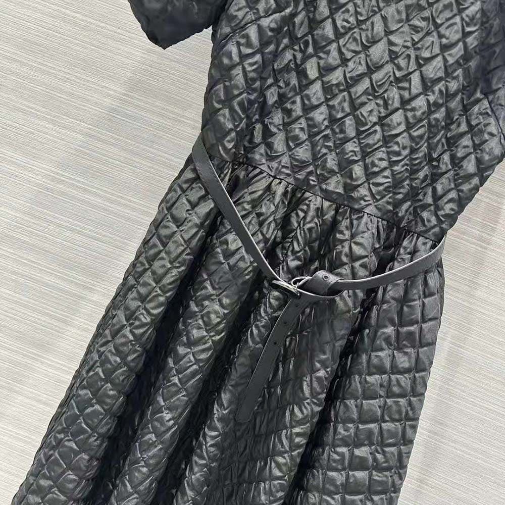 VÁY Dior Women Mid-Length Belted Dress Black Matte Cloqué Technical Fabric