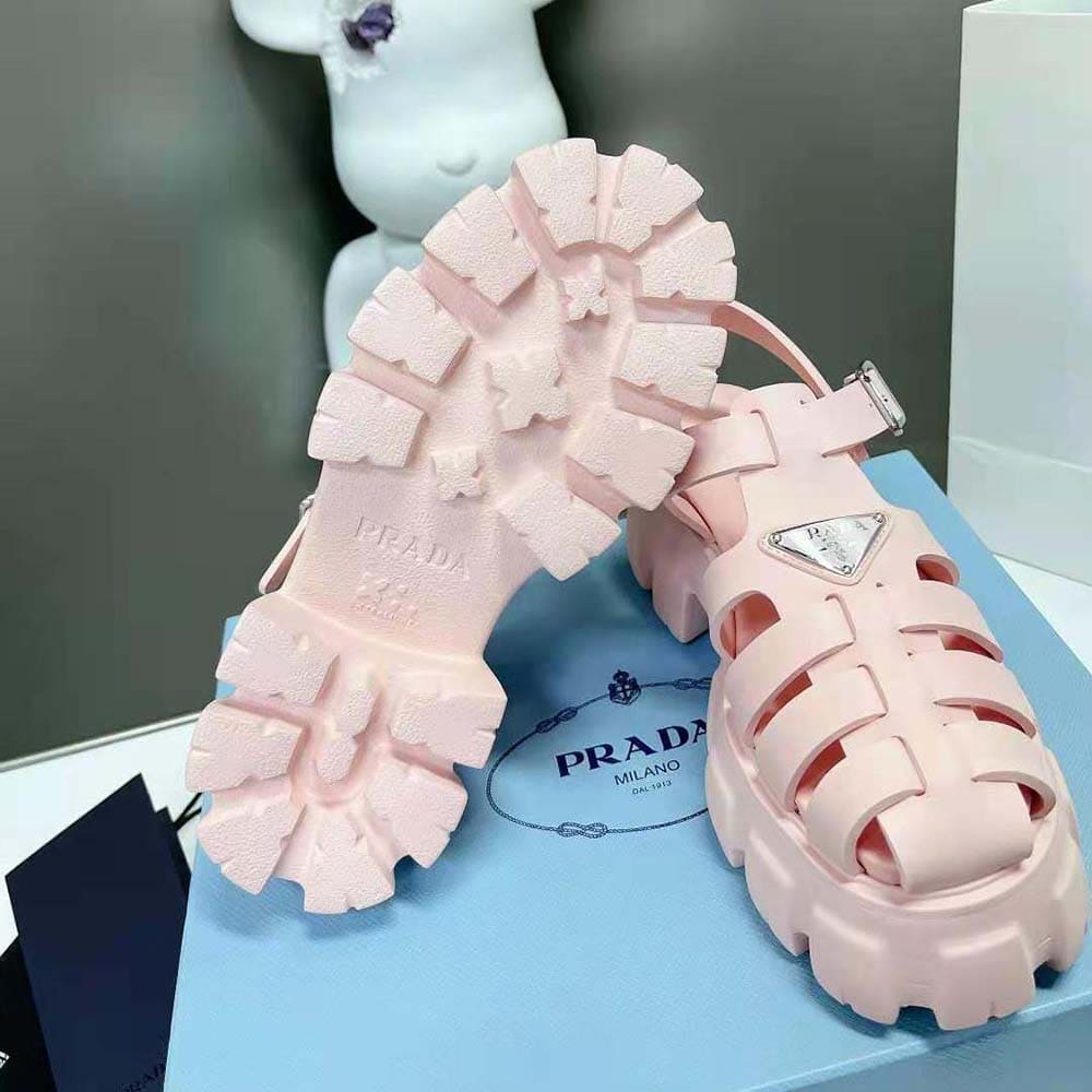 DÉP SANDALS Prada Women Foam Rubber Sandals with Enameled Metal Triangle Logo-Pink