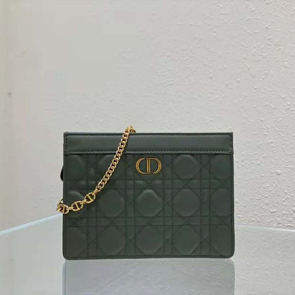 TÚI Dior Women Caro Zipped Pouch with Chain Cedar Green Supple Cannage Calfskin-Green