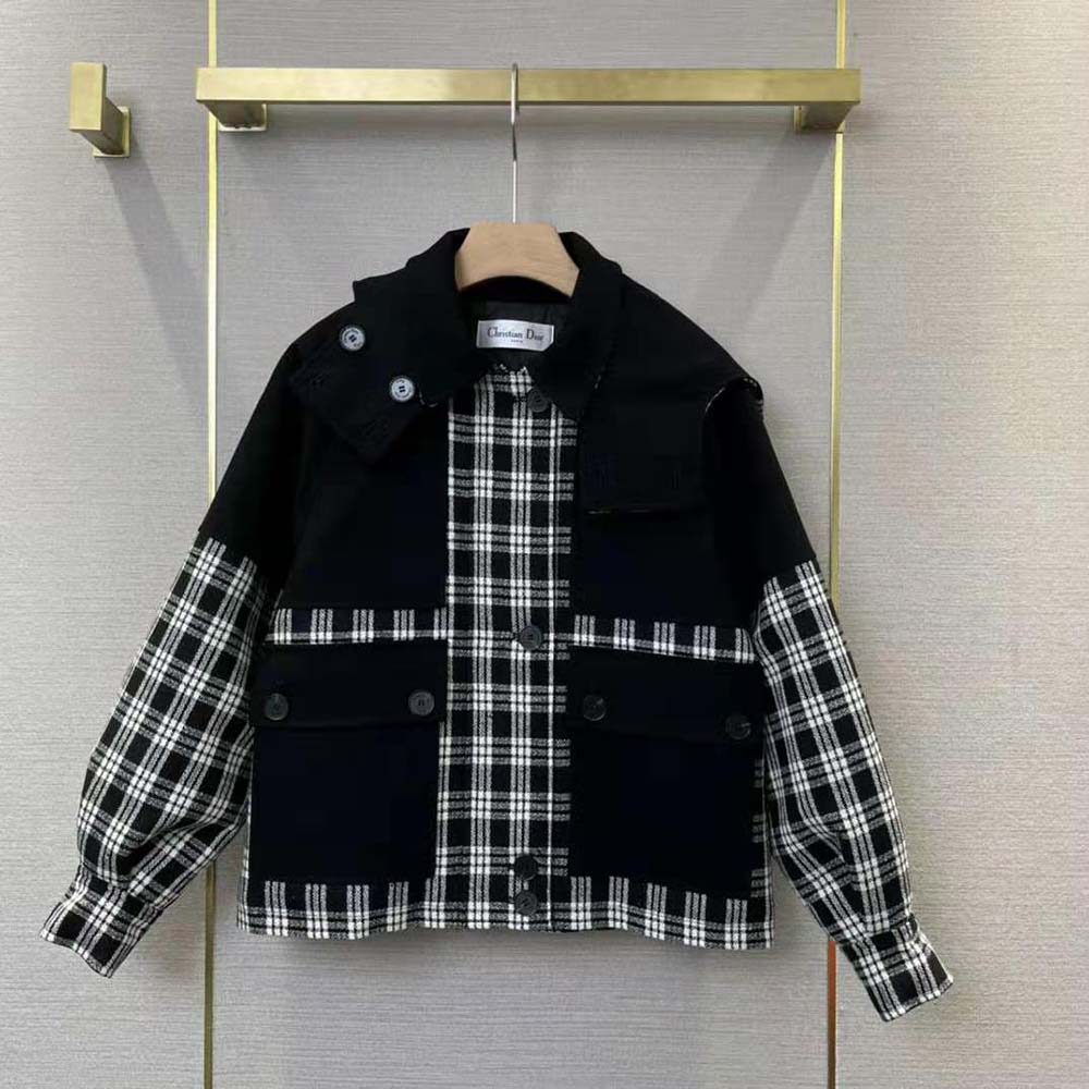 ÁO Dior Women Hooded Peacoat Black and White Check’n’Dior Wool