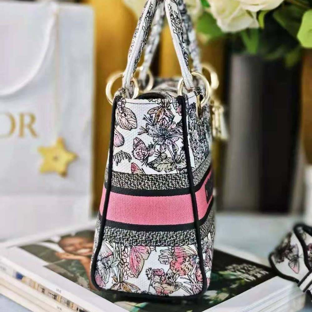 TÚI Dior Women Medium Lady D-lite Bag White and Pastel Pink Butterfly Around The World Embroidery