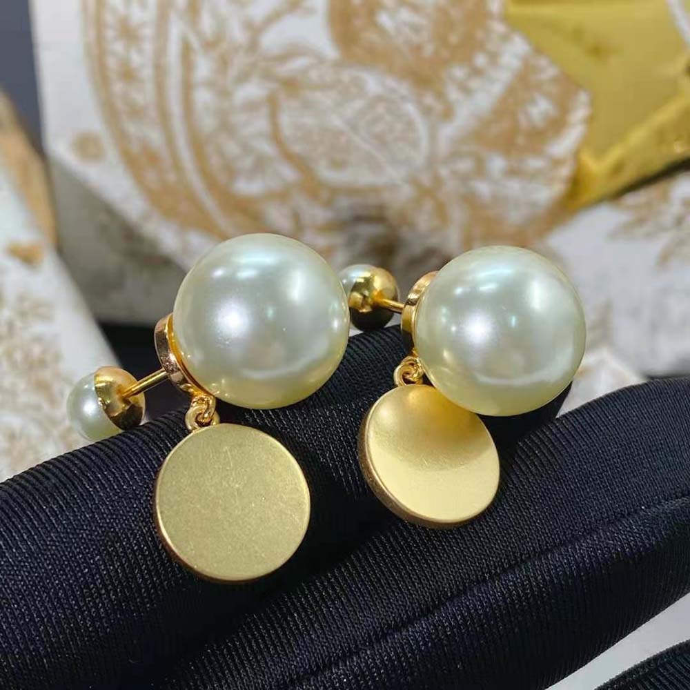 Bông tai Dior Women Tribales Earrings Gold-Finish Metal with White Resin Pearls and Navy Blue Lacquer
