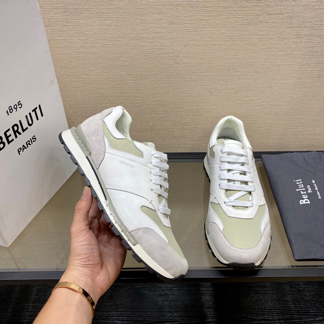 GIÀY BERLUTI Leather and Suede White Grey Sneaker shoes