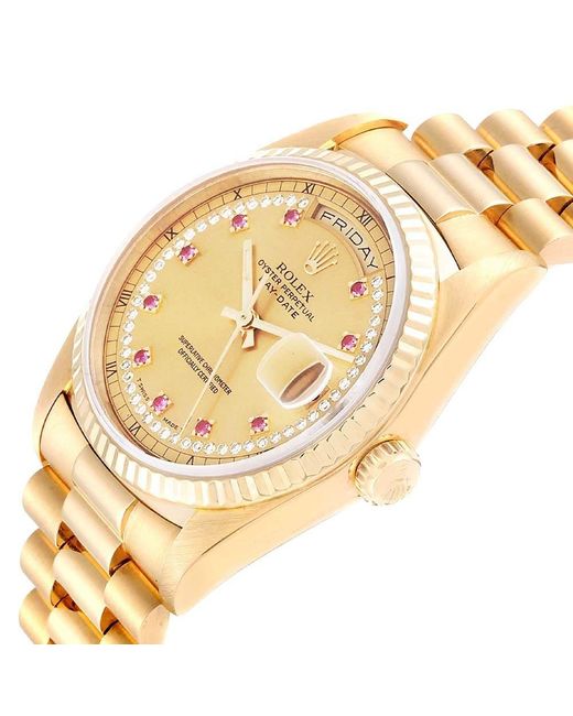 ĐỒNG HỒ ROLEX Metallic Champagne Diamond And Ruby 18k Yellow Gold President automatic