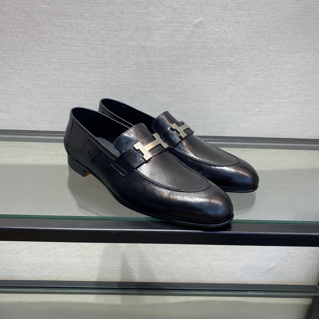 GIÀY HERMES LEATHER BLACK LOAFER SHOES