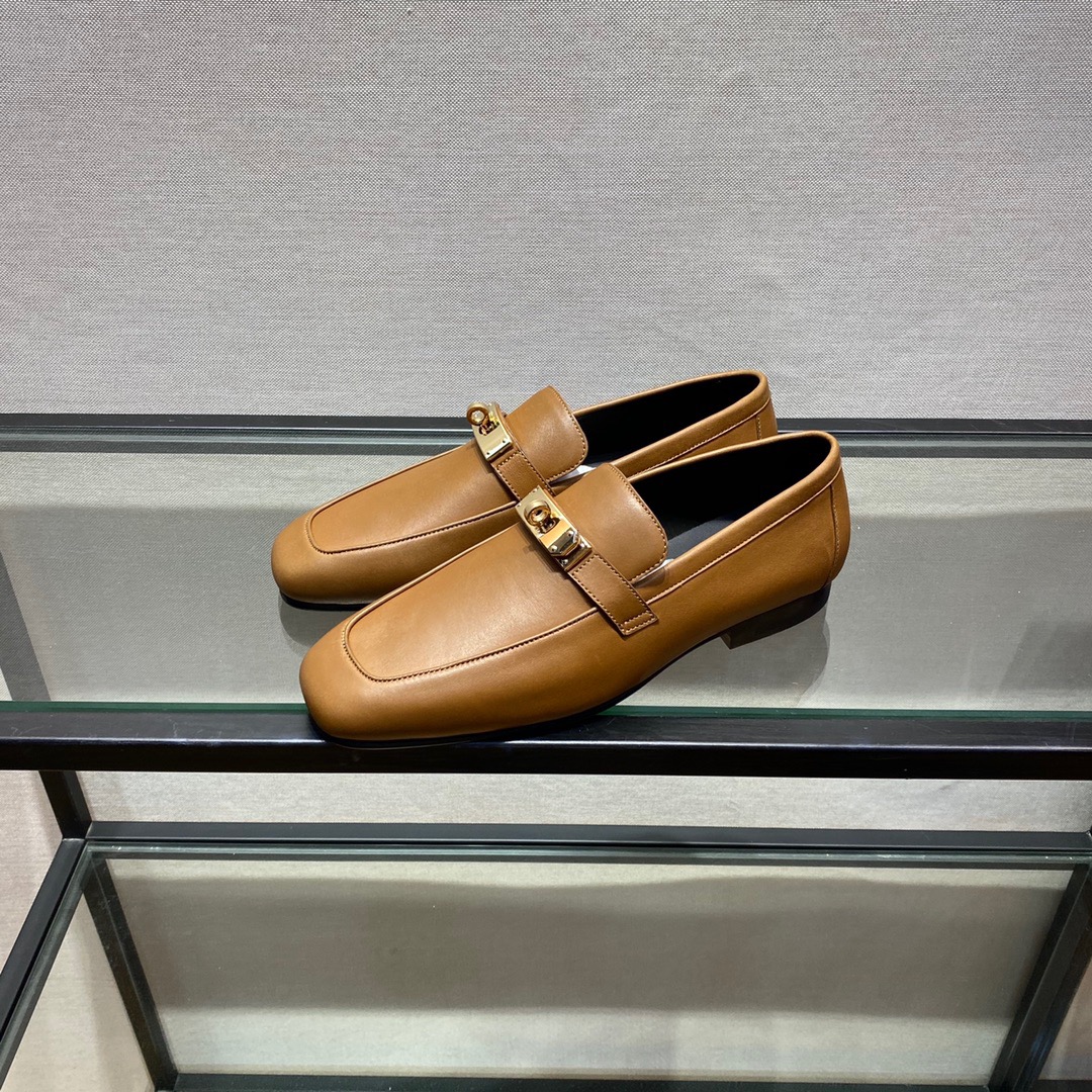 GIÀY HERMES KELLY LEATHER BROWN LOAFER SHOES