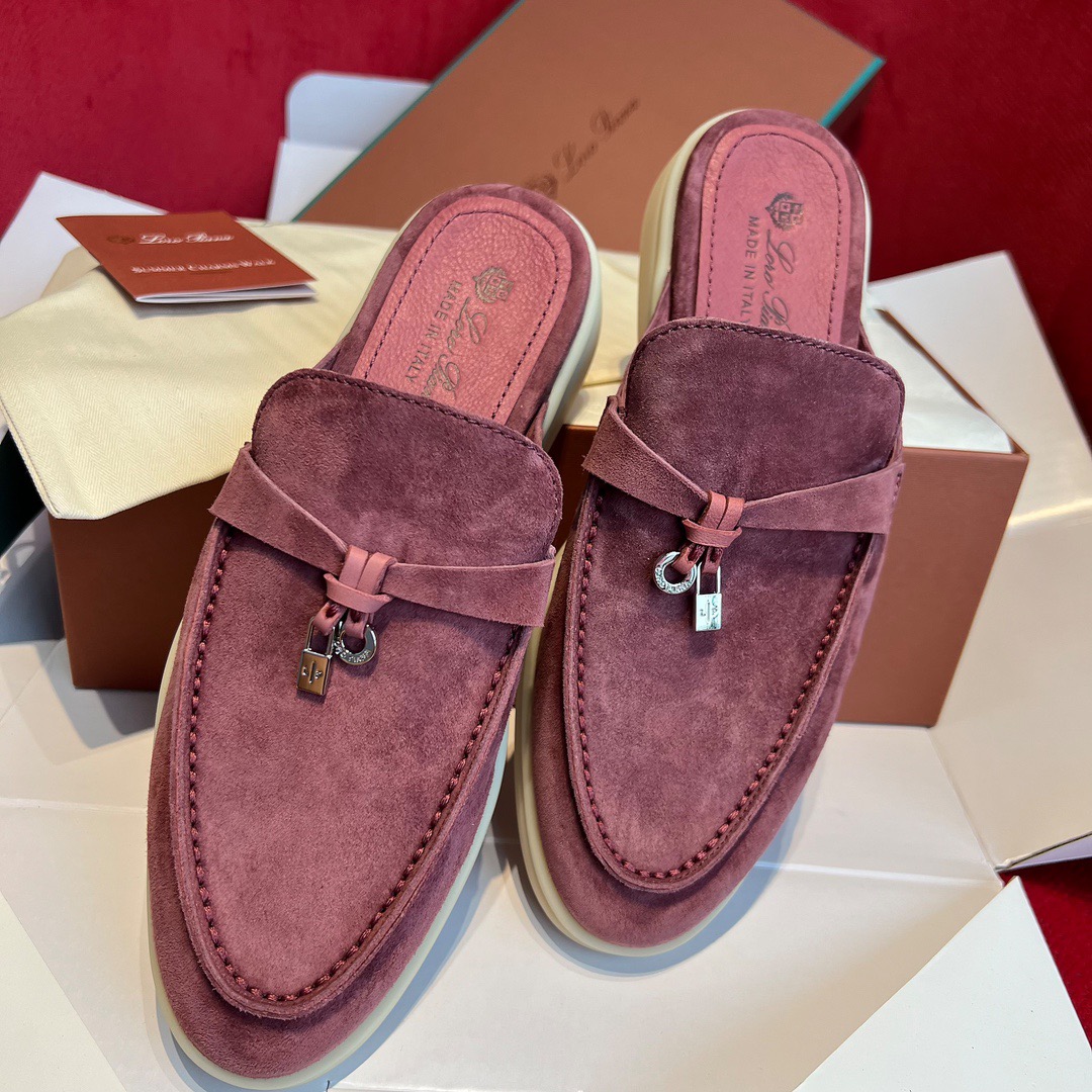 GIÀY LORO PIANA SLIDER BURGUNDY SUEDE LEATHER