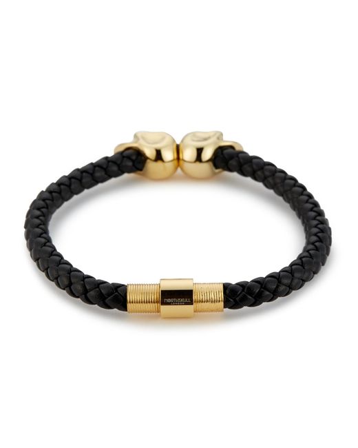 Northskull Metallic Black Nappa Leather Gold Twin Skull Bracelet