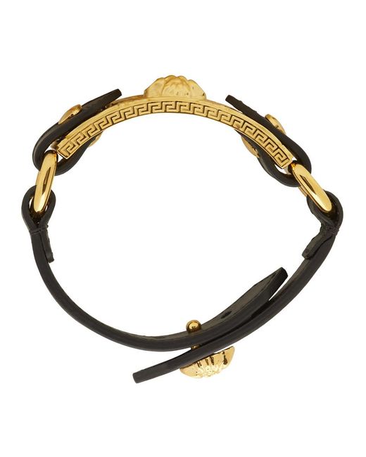 Versace Black And Gold Leather Medusa Bracelet