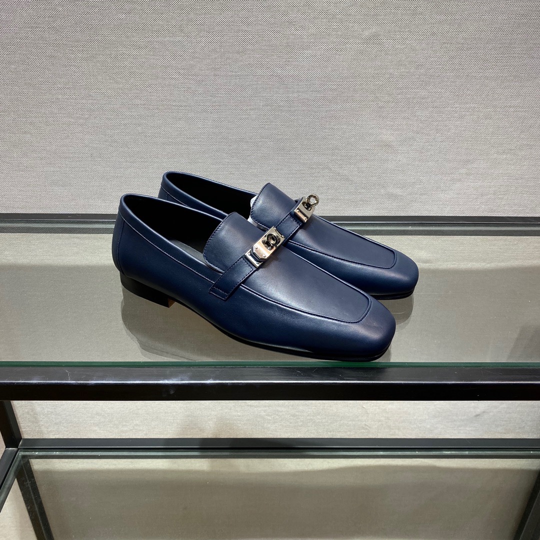 GIÀY HERMES KELLY LEATHER BLUE LOAFER SHOES