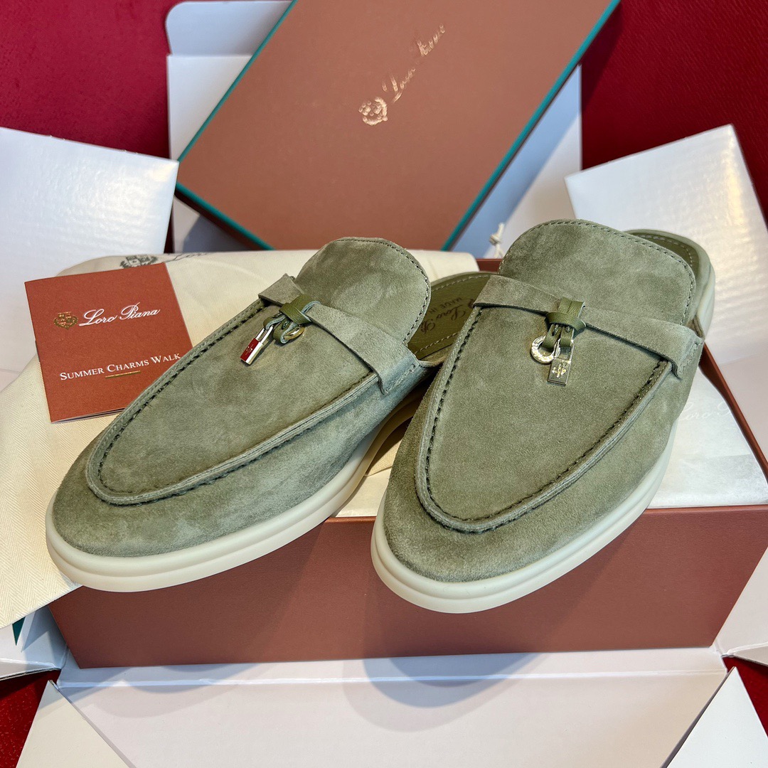 GIÀY LORO PIANA SLIDER OLIVE SUEDE LEATHER