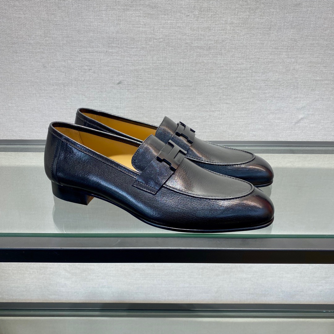 GIÀY HERMES LEATHER BLACK LOAFER SHOES