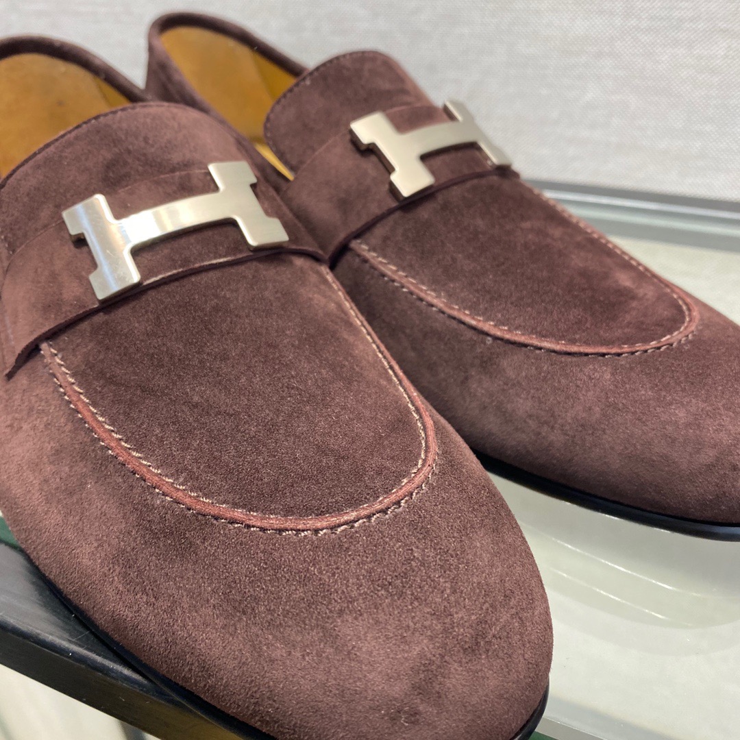 GIÀY HERMES SUEDE LEATHER BROWN LOAFER SHOES