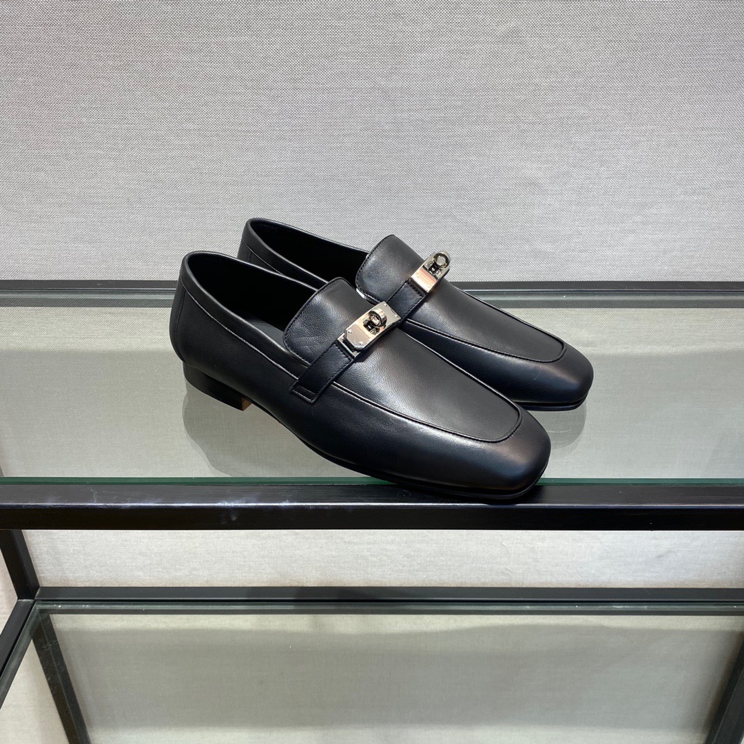 GIÀY HERMES KELLY LEATHER BLACK LOAFER SHOES