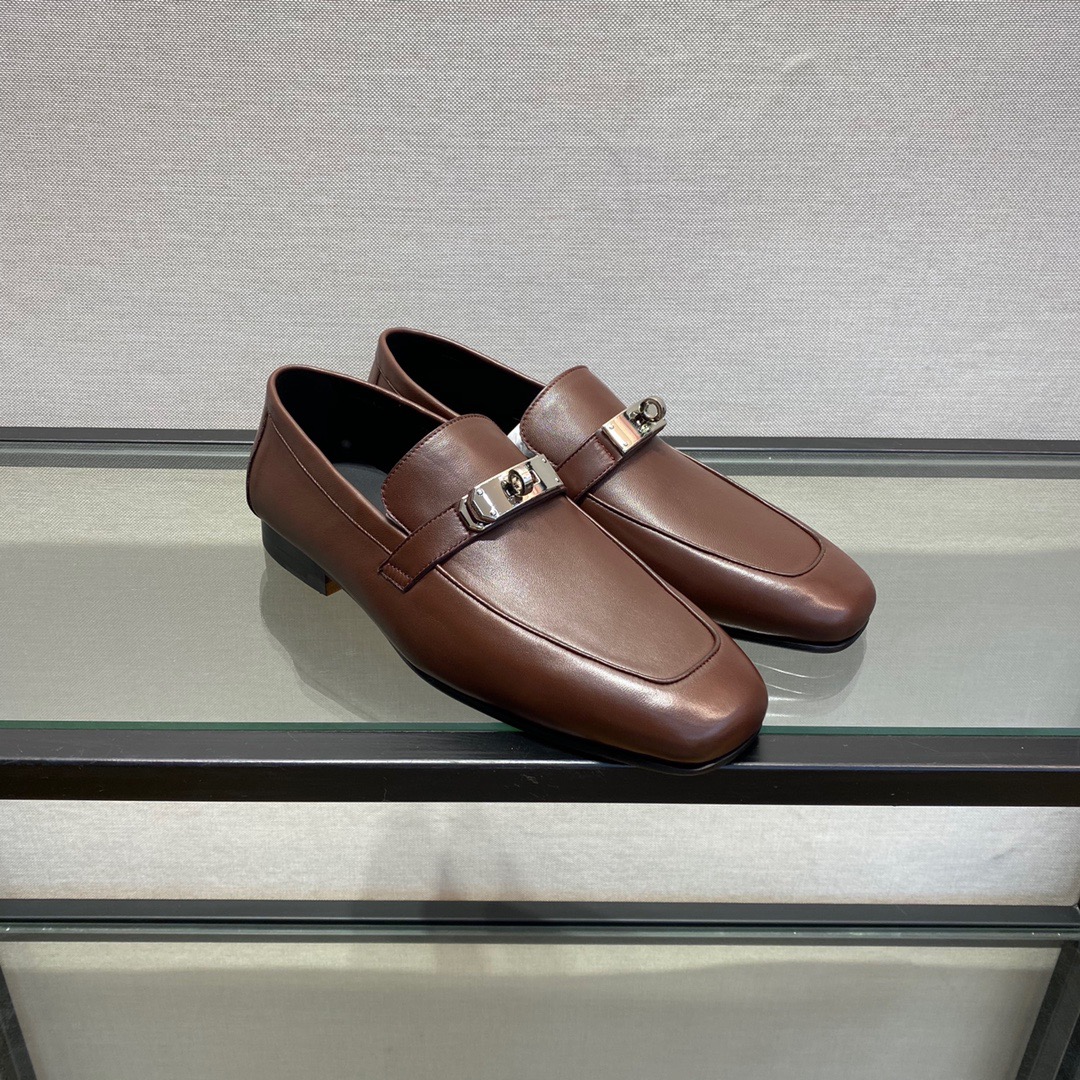 GIÀY HERMES KELLY LEATHER BROWN LOAFER SHOES