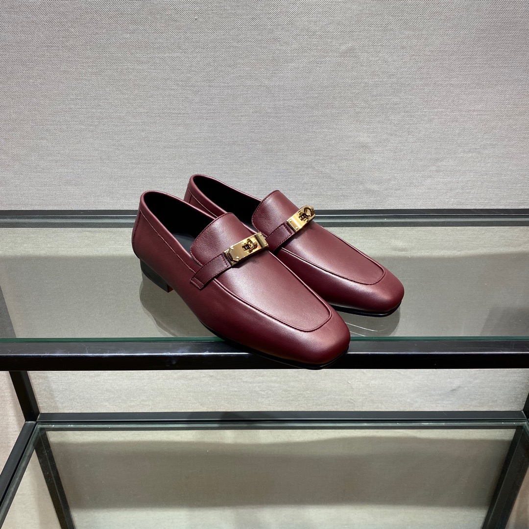GIÀY HERMES KELLY LEATHER BURGUNDY LOAFER SHOES