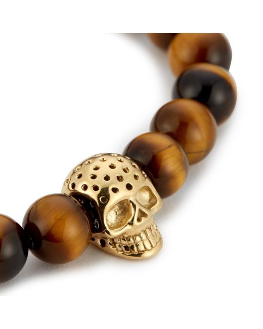 Northskull Metallic Yellow Tiger Eye & Perforated Gold Skull Charm Bracelet