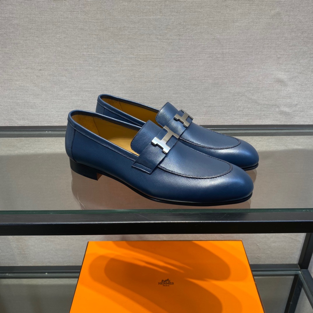 GIÀY HERMES LEATHER BLUE LOAFER SHOES