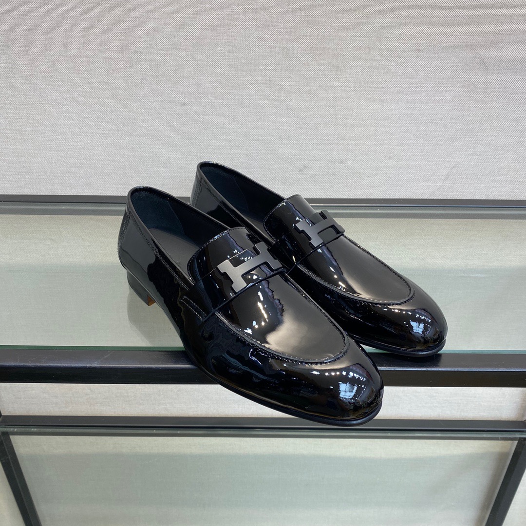 GIÀY HERMES GLOSS LEATHER BLACK LOAFER SHOES