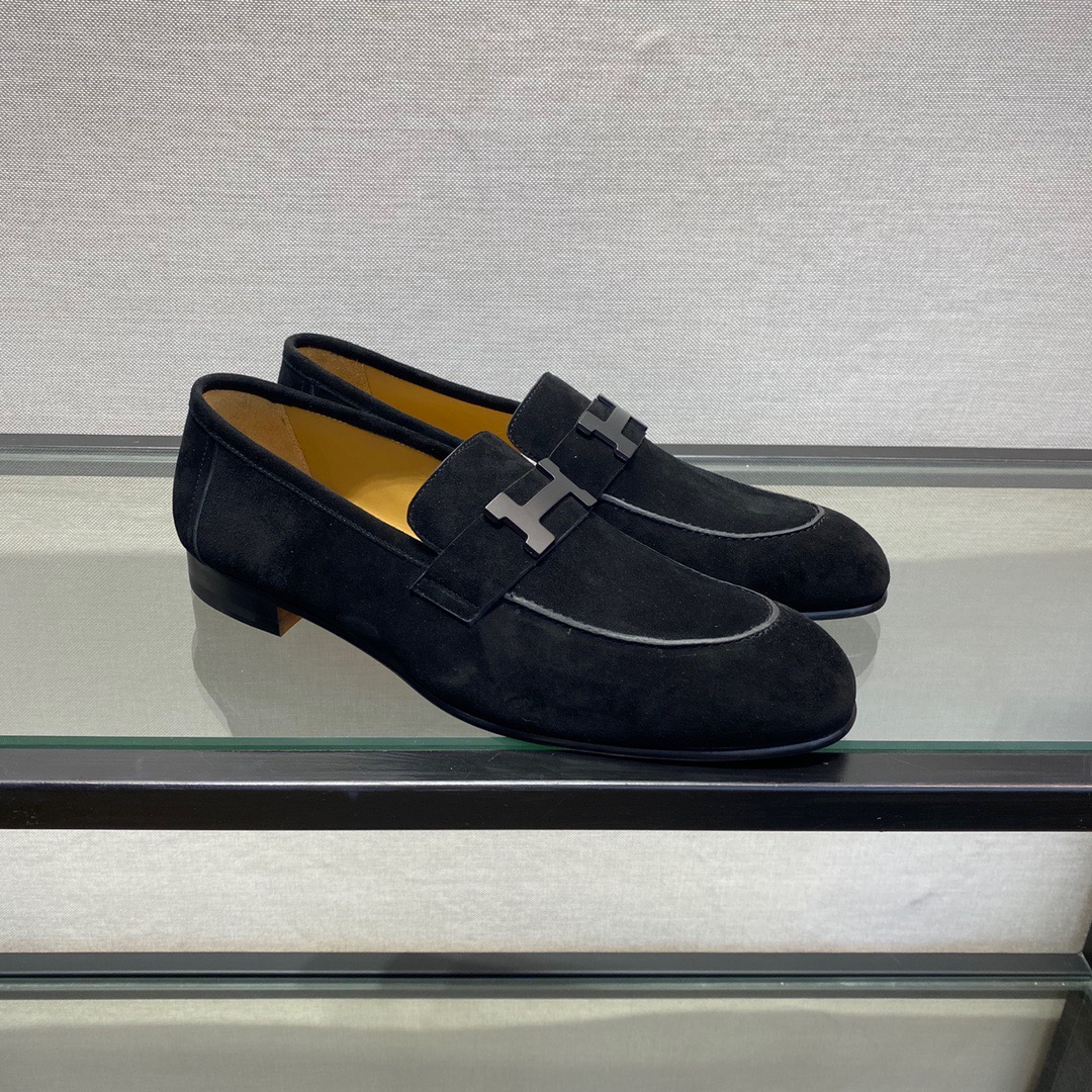 GIÀY HERMES SUEDE LEATHER BLACK LOAFER SHOES