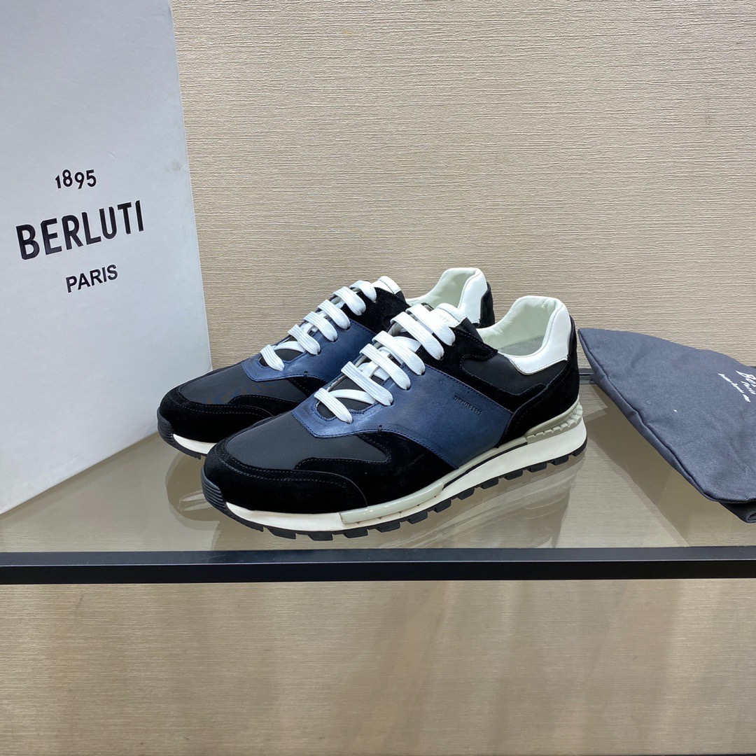 GIÀY BERLUTI Leather and Suede Black  Blue Sneaker shoes