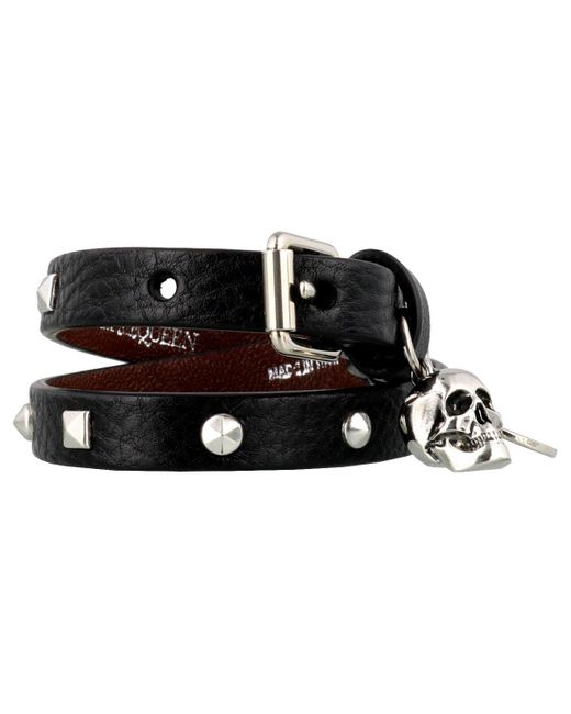 ALEXANDER MCQUEEN Black Double Wrap Skull Studded Bracelet