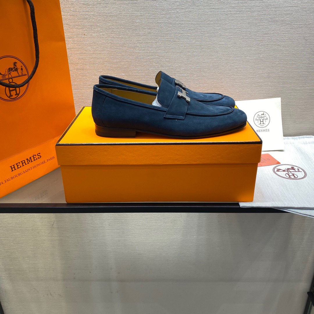 GIÀY HERMES SUEDE LEATHER BLUE LOAFER SHOES