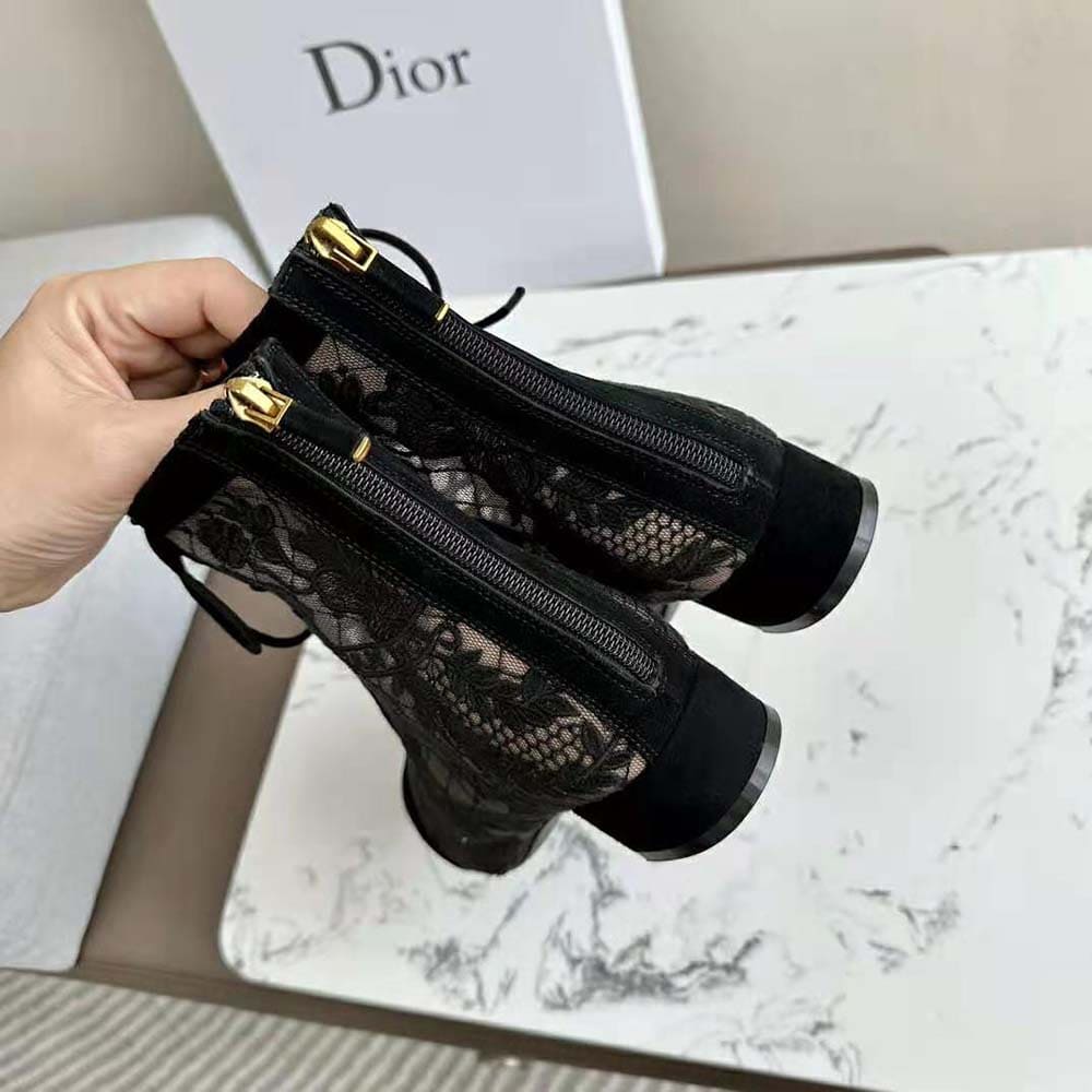 GIÀY Dior Women Naughtily-d Ankle Boot Black Transparent Mesh and Suede Embroidered