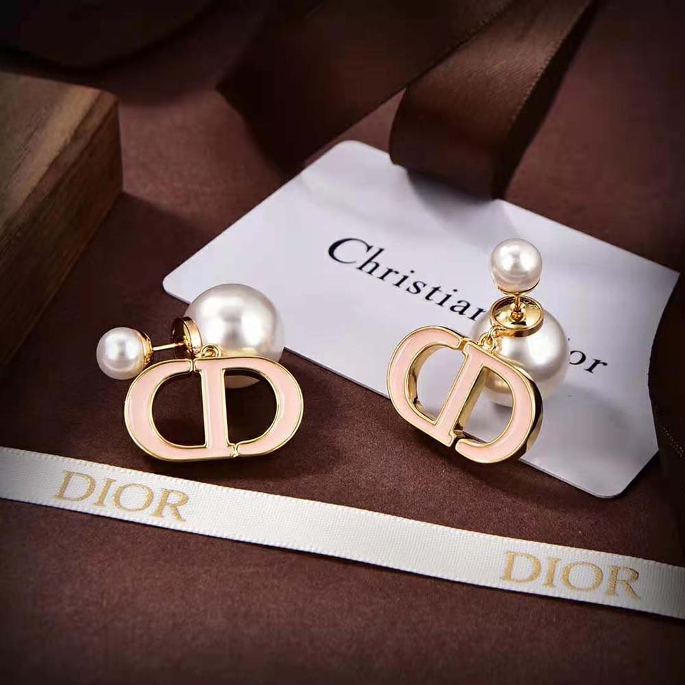 Bông tai Dior Tribales Earrings Gold-Finish Metal and White Resin Pearls with Sand Pink Lacquer